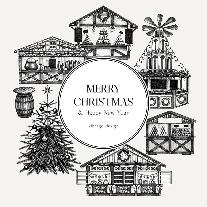 Vintage Christmas card or invitation template. Traditional European architecture. Christmas market with souvenir stalls, Christmas tree, fast food, candy shops sketches. Winter holidays background.
